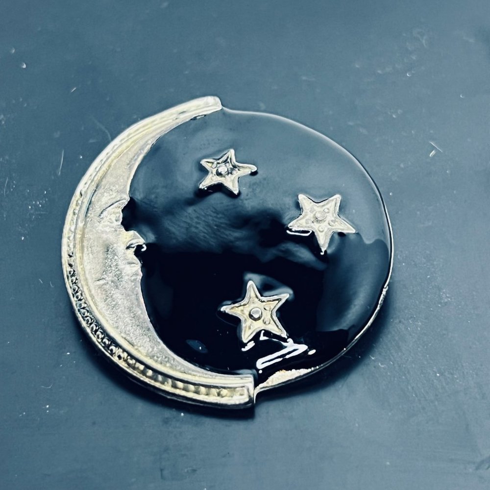 Vintage Silver Tone With Blue Enamel Moon & Stars Brooch